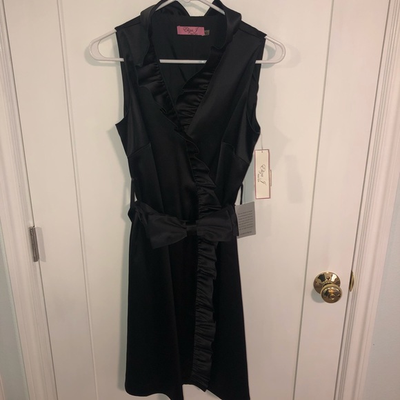 NWT Black ruffled cocktail dress with bow belt